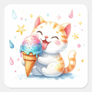 Sticker Carré Cute Aquarelle Chat Manger Crème glacée Whimsical