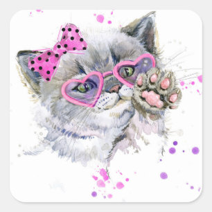 Sticker Carré Cute Aquarelle Kitten