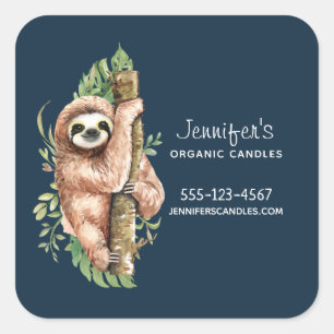 Sticker Carré Cute Aquarelle Sloth & Tropical Feuille Business