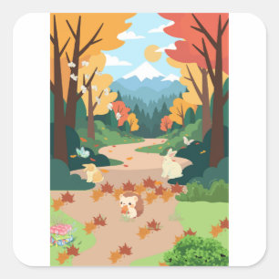 Sticker Carré Cute Autumn Forest Animals Cozy Landscape Art Post