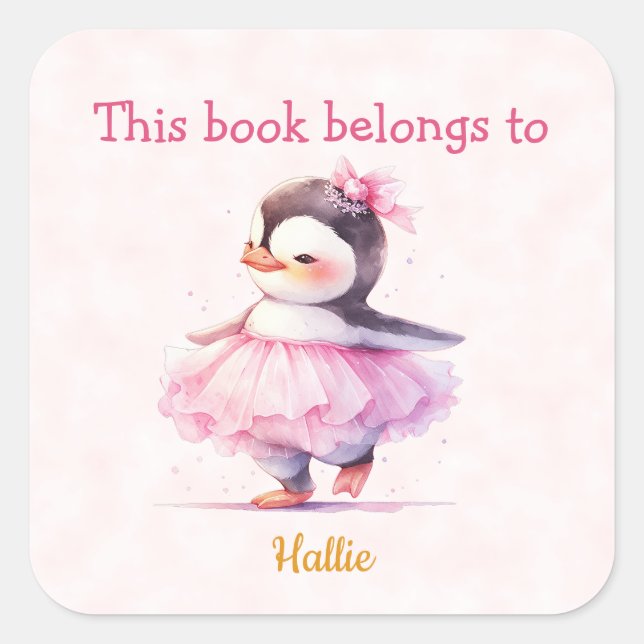 Sticker Carré Cute Baby Penguin Ballerina Plaque de livre (Devant)