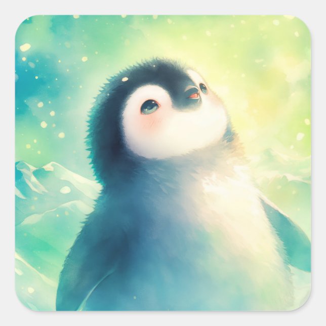 Sticker Carré Cute Baby Penguin Gazing at Aurora Borealis Sky (Devant)