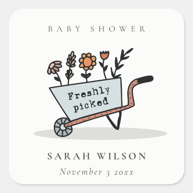 Sticker Carré Cute Baby shower Floral Bleu Panier fraîchement cu (Devant)