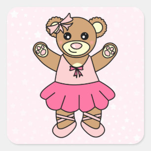 Sticker Carré Cute Ballerina Dancing Teddy Bear - Rose