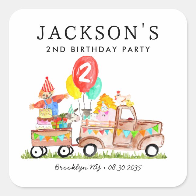 Sticker Carré Cute Barn Party Animaux Camion Enfants ferme Anniv (Devant)