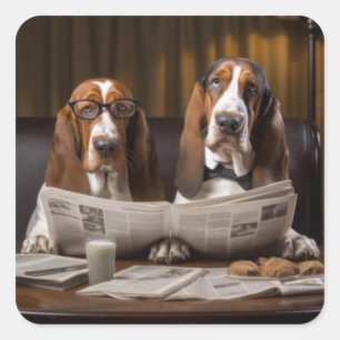Sticker Carré Cute basset hounds lecture journal