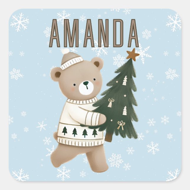 Sticker Carré Cute Bear Christmas Tree Snowflakes Kids Name  (Devant)