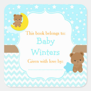 Sticker Carré Cute Bears Boy with Star Baby shower Boite