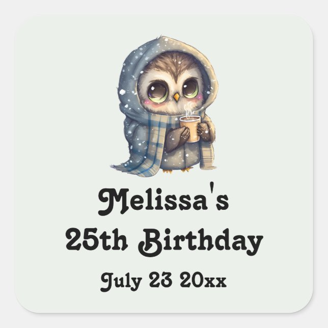 Sticker Carré Cute Big Eyed Owl tenant une fête de café Date (Devant)