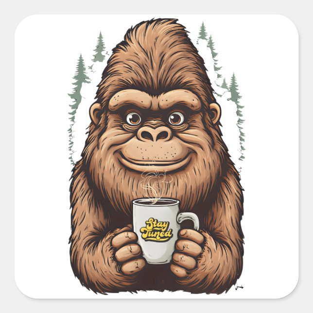 Sticker Carré Cute Bigfoot Drinking Coffee  Funny Sasquatch  (Devant)