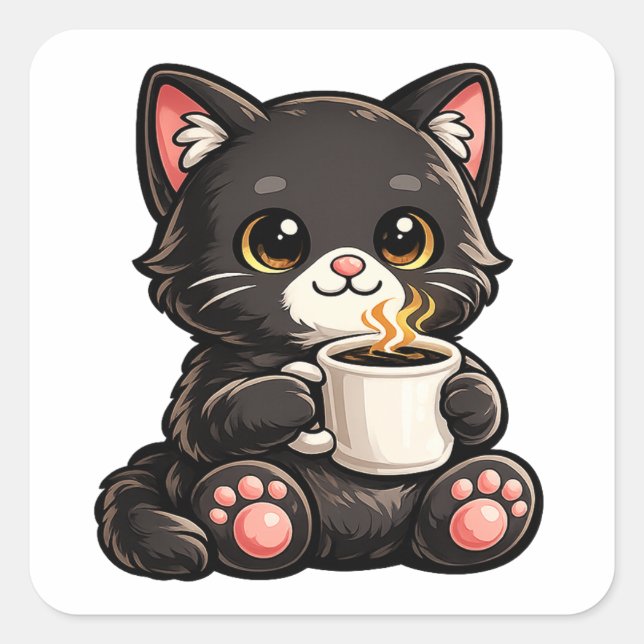 Sticker Carré Cute Black Cat with Coffee (Devant)