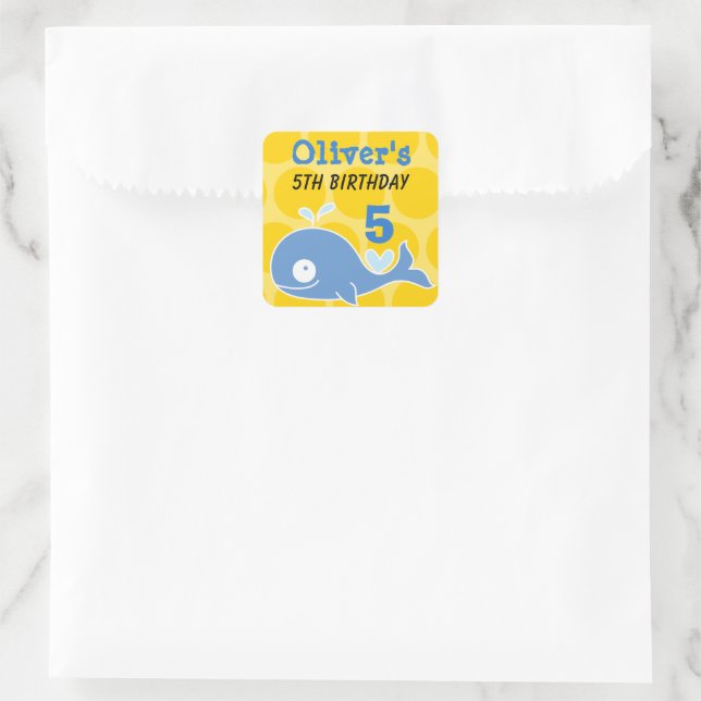 Sticker Carré Cute Blue Cartoon Whale's Birthday Party Favoriser (Sac)