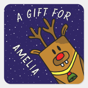 Sticker Carré Cute Blue Reindeer Nom de l`enfant Cadeau de Noël
