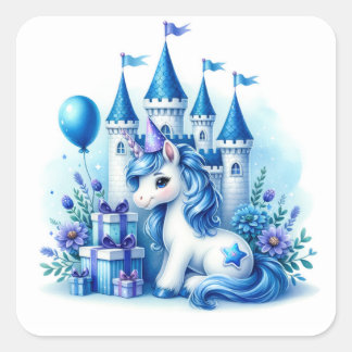 Sticker Carré Cute Blue Unicorn et Fairytale Castle