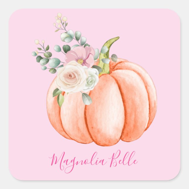 Sticker Carré Cute Blush Rose Spring Floral Petit Nom Citrouille (Devant)