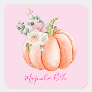 Sticker Carré Cute Blush Rose Spring Floral Petit Nom Citrouille