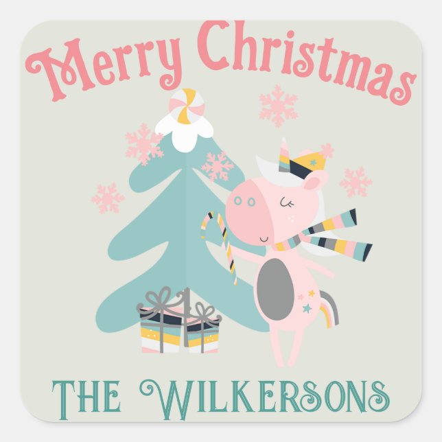 Sticker Carré Cute Boho Christmas Unicorne sur Sage (Devant)