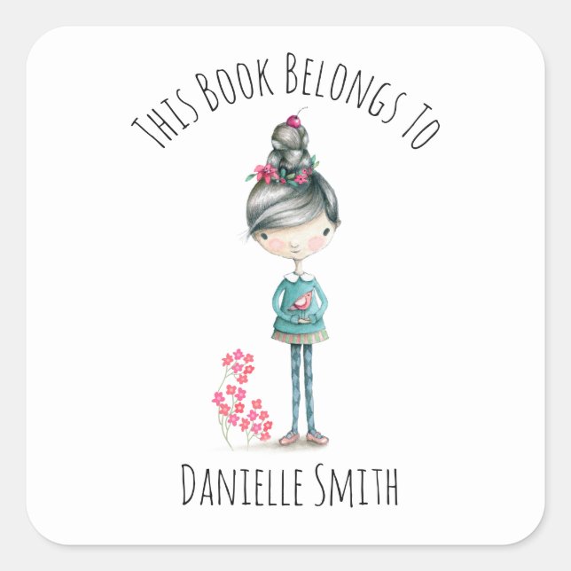 Sticker Carré Cute Boho Girl With Bird Bookplate (Devant)