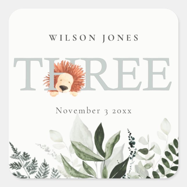 Sticker Carré Cute Boho Lion Foliage 3ème fête d'anniversaire (Devant)