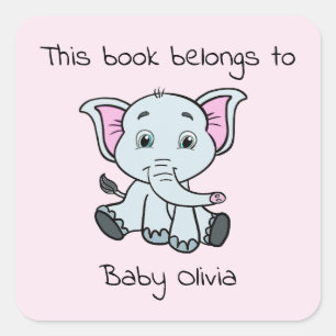 Sticker Carré Cute Bookplate rose Elephant Baby shower fille