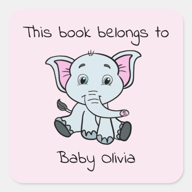 Sticker Carré Cute Bookplate rose Elephant Baby shower fille (Devant)