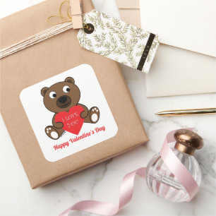 Sticker Carré Cute Brown Coeur Ours Je t'aime Valentines Jour