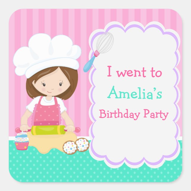 Sticker Carré Cute Brunette Fille Baking Anniversaire (Devant)