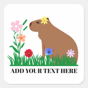 Sticker Carré Cute Capybara Et Fleurs