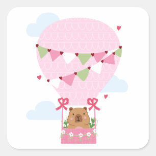 Sticker Carré Cute Capybara Montgolfière Rose Fête d'anniversair
