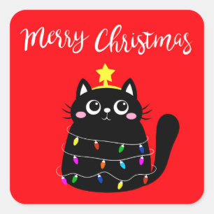 Sticker Carré Cute cartoon noir Cat Christmas tree