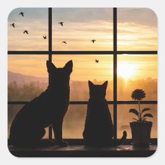 Sticker Carré Cute Cat and Dog Flowerpot Window