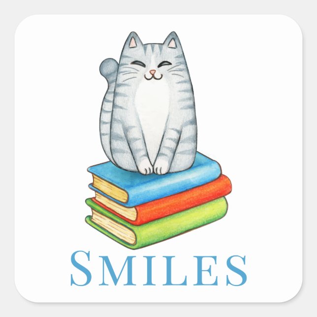 Sticker Carré Cute Cat Bookworm Lecture Livre Lover Hello Love (Devant)