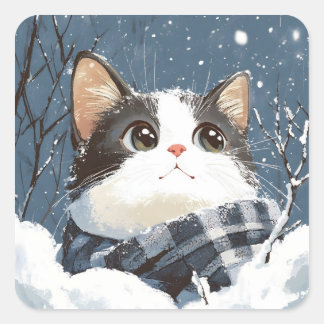 Sticker Carré Cute cat cozy winter snow