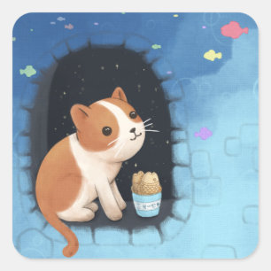 Sticker Carré Cute Cat, Dessert et Poisson Illustration Art