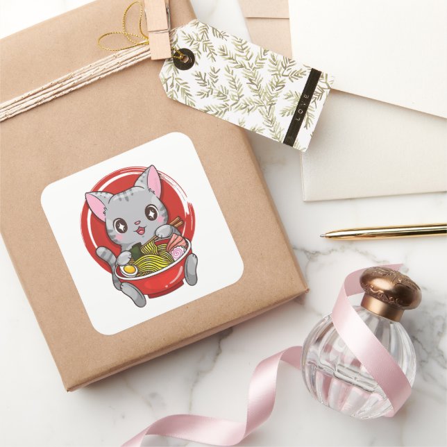 Sticker Carré Cute Cat Manger Ramen Japonais Amoureux des chats  (Cadeaux)
