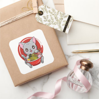 Sticker Carré Cute Cat Manger Ramen Japonais Amoureux des chats 