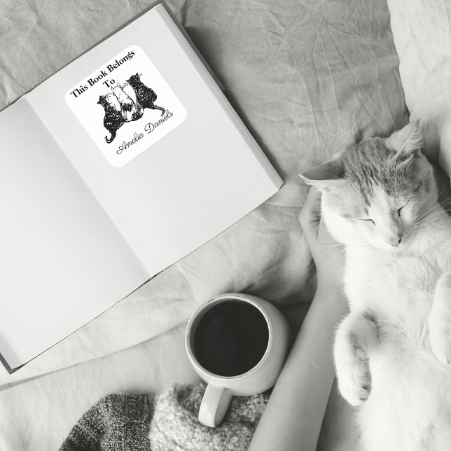 Sticker Carré Cute Cats Ce Livre Appartient À (Bookplate stickers for cat lovers)