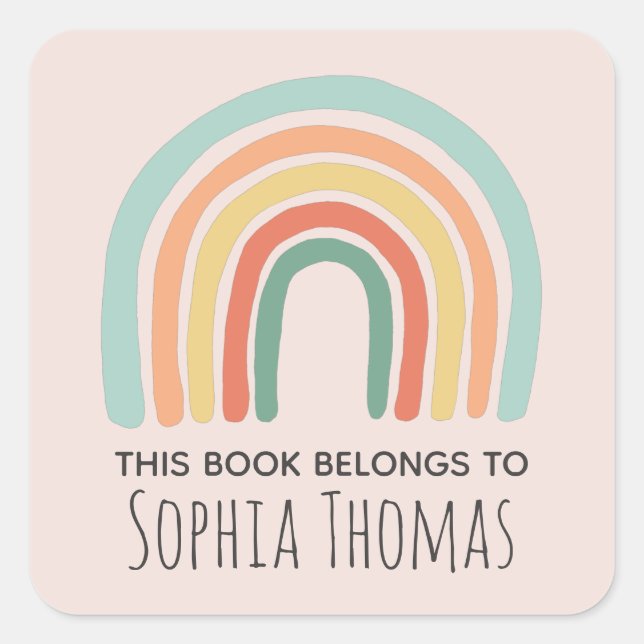 Sticker Carré Cute 'Ce Livre Appartient' Boho Rainbow Bookplate (Devant)