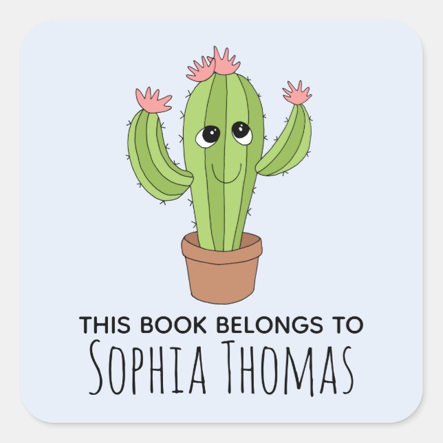Sticker Carré Cute 'Ce Livre Appartient' Cactus Bookplate pour e (Devant)