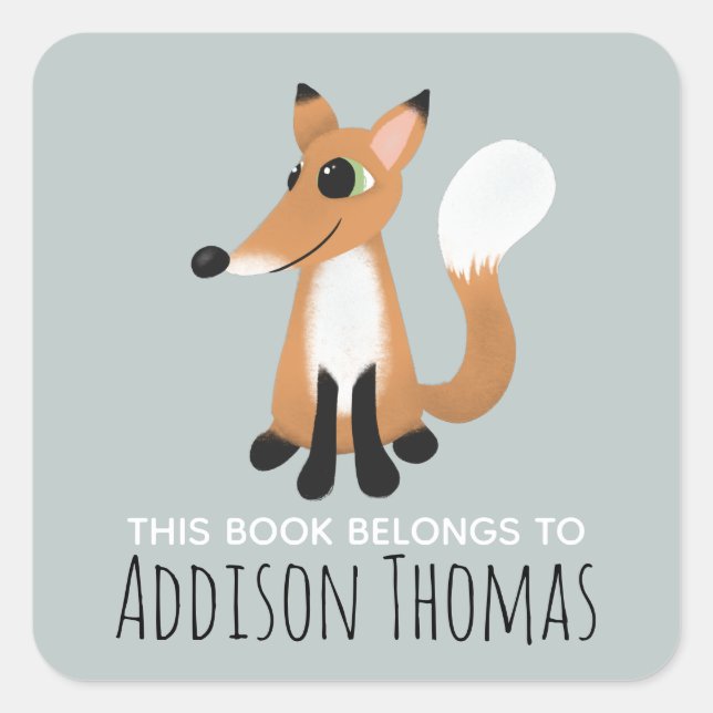 Sticker Carré Cute 'Ce Livre Appartient' Fox Kids Bookplate (Devant)