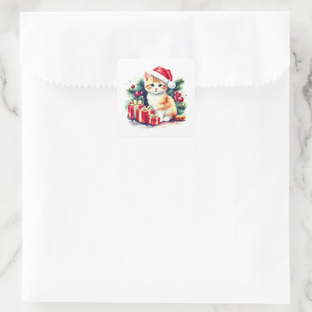 Sticker Carré Cute Chat À Santa Hat (Sac)