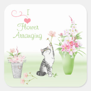Sticker Carré Cute Chat Arrange Fleurs