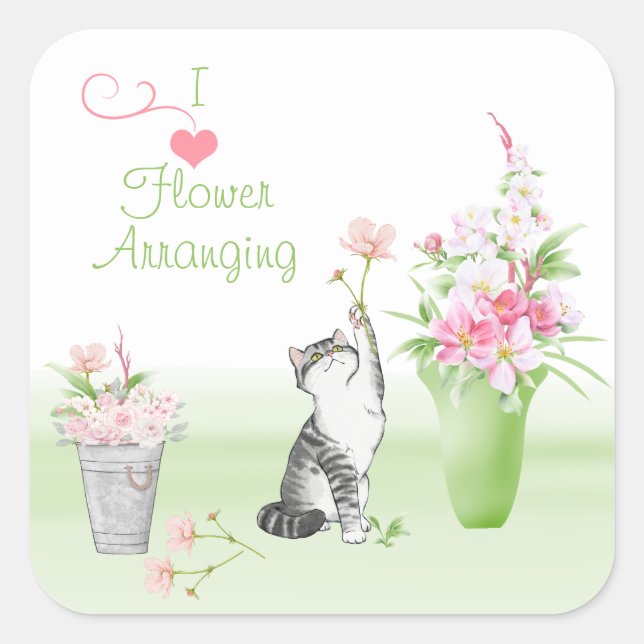 Sticker Carré Cute Chat Arrange Fleurs (Devant)