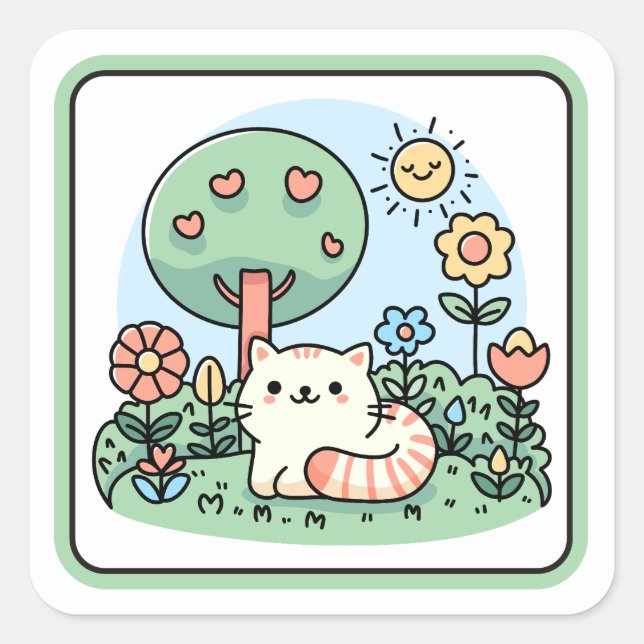 Sticker Carré Cute Chat Dans Un Jardin Doodart (Devant)
