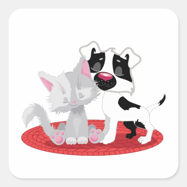 Sticker Carré Cute chat et chien (Devant)