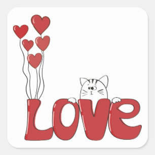 Sticker Carré Cute Chat Love Typographie Coeurs rouges   Valenti