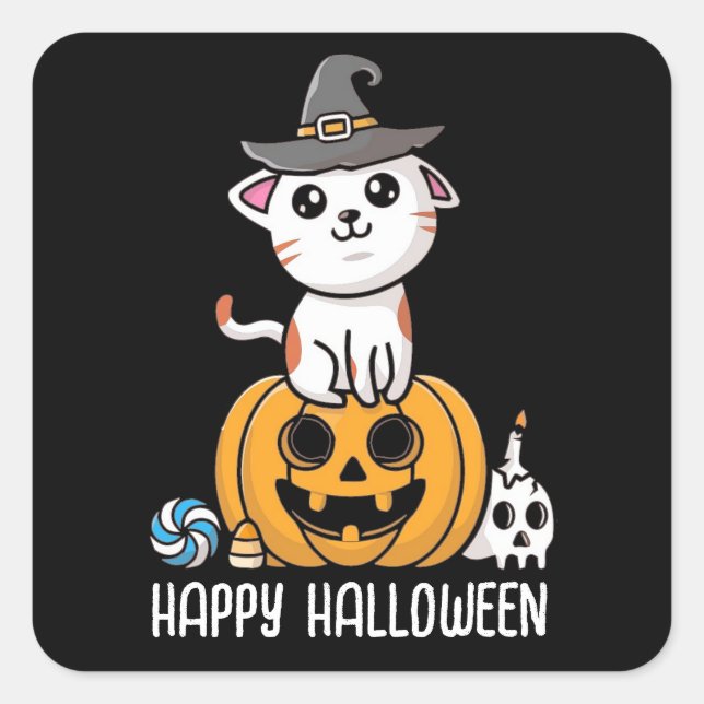 Sticker Carré Cute chat Sat sur Halloween Citrouille (Devant)