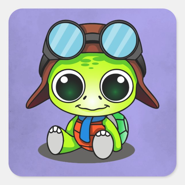 Sticker Carré Cute Chibi Cartoon Turtle en Aviator Casquette (Devant)