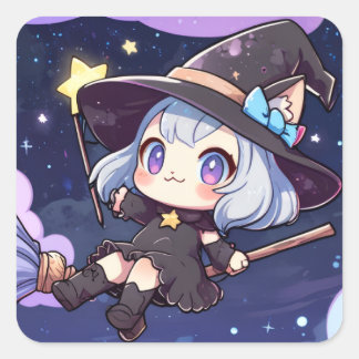Sticker Carré Cute Chibi Witch Flying in the Night Sky – Whimsic