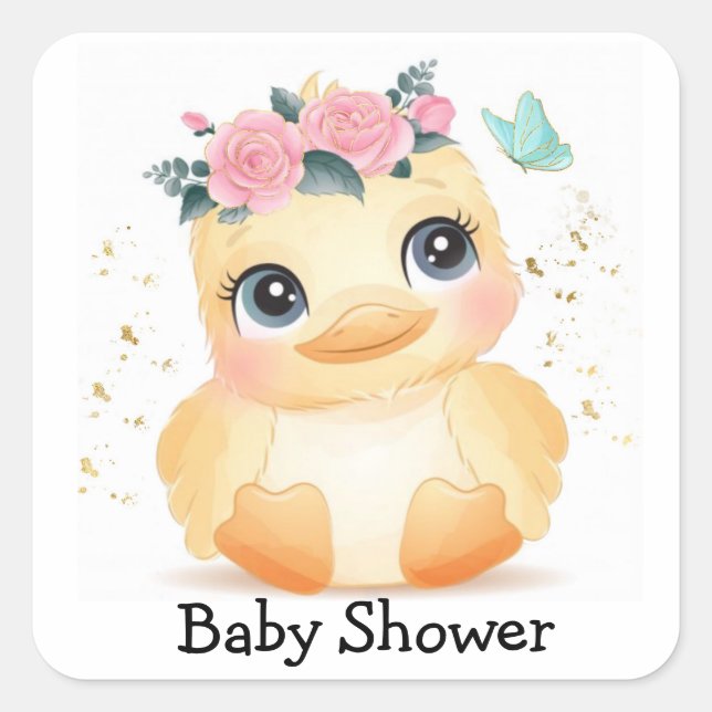 Sticker Carré Cute Chic Canard Rose Baby shower Or Rose (Devant)
